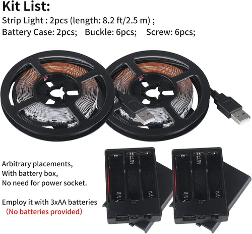 Vista 7 de Tira de luz LED USB de 6500 K con caja de batería, tira de luces blancas de luz diurna de 16.4 pies para debajo del gabinete, cortables