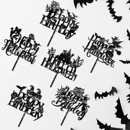 Vista 4 de 6 adornos acrílicos para tartas de Halloween, decoración de pastel de cumpleaños de Halloween, espeluznante con murciélago, calabaza, fantasma