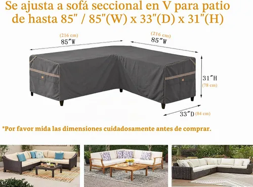 Vista 2 de Funda impermeable para sofá modular en forma de V para exteriores, resistente a los rayos UV, para muebles de patio de 5 plazas, 85 pulgadas de Gris