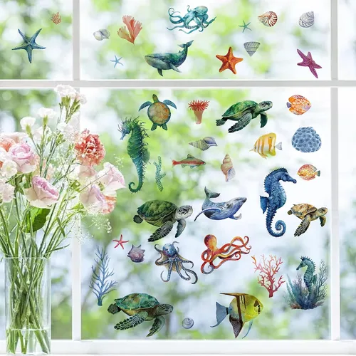 Vista 5 de CRASPIRE 8 hojas de calcomanías para ventana, diseño de tortuga, caballito de mar, estrellas de mar, conchas de coral, para verano, PVC