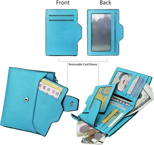 Vista 3 de AINIMOER - Cartera de piel con bloqueo RFID para mujer, tamaño pequeño, compacta, doble zíper, con ventana para identificación
