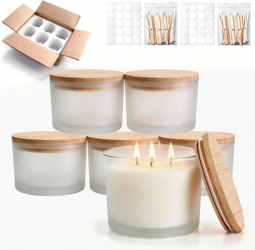 Vista 19 de Tarros de vela de vidrio de 4 onzas, paquete de 12 tarros pequeños para hacer velas, tarros vacíos de vidrio grueso de boca ancha con tapas de bambú