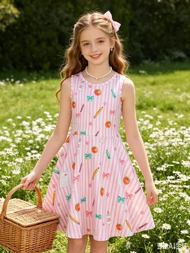 Vista 2 de BFUSTYLE - Vestido de verano sin mangas con estampado floral para niñas de 4 a 15 años Regreso a la escuela 01