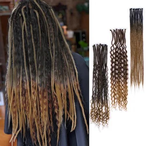 Vista 17 de Extensiones de rastas trenzadas bohemias de 24 pulgadas, 10 hebras de rastas sintéticas rizadas color marrón degradado con trenza de caja, rastas