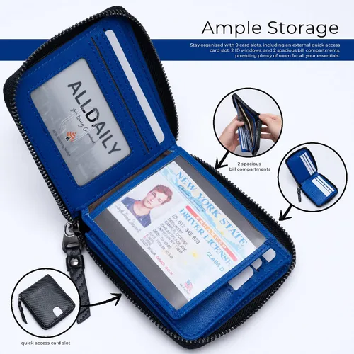 Vista 2 de Alldaily Carteras con bloqueo RFID para hombres con cremallera y tarjetero RFID (negro y azul)
