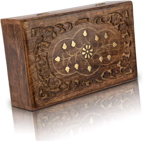 Vista 5 de Gran idea de regalo de cumpleaños, caja de joyería decorativa hecha a mano de madera con cerradura y llave, organizador de joyas, caja de recuerdo