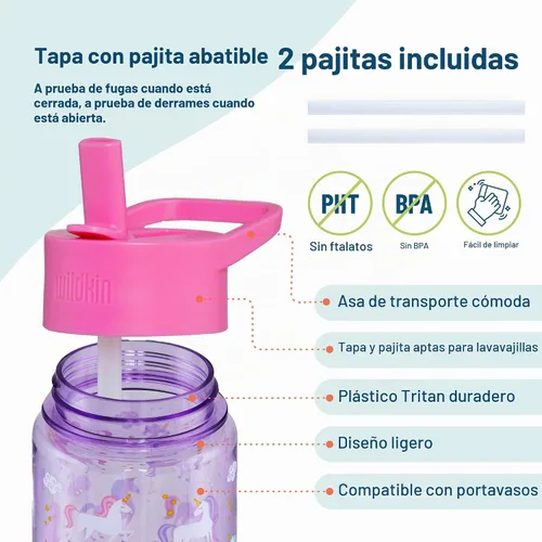 Vista 4 de Wildkin Botella de agua Tritan para niños de 16 onzas con tapa de popote a Unicornio
