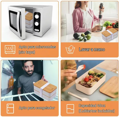 Vista 3 de Lonchera japonesa de bambú Bento con compartimentos y utensilios, apilable, incluye bolsa de almuerzo para preparación de comidas, color beige