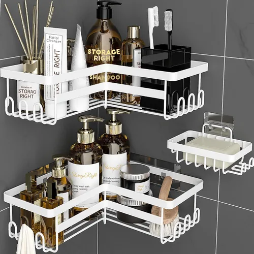 Vista 10 de StorageRight Organizador de ducha de esquina, paquete de 3 accesorios de baño adhesivos con soporte para jabón, estante organizador de ducha