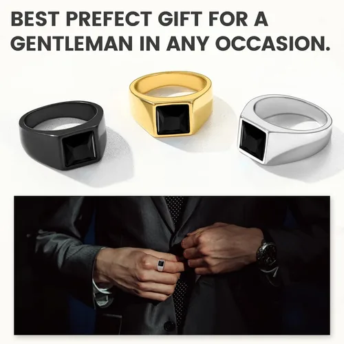 Vista 4 de KeyStyle Anillos cuadrados de sello de piedras preciosas para hombres, anillo de meñique personalizado de acero inoxidable con piedra natal