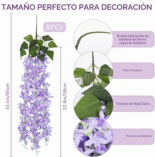 Vista 4 de RECUTMS Guirnalda de flores artificiales de seda lila, moradas, 8 unidades Morado