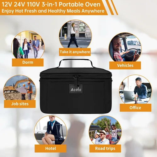 Vista 7 de Aotto Horno Portátil, Lonchera Eléctrica Calentador de Alimentos - 12V/24V/110V 3 en 1 Calentador de Alimentos para Coche - Mini Microondas Personal