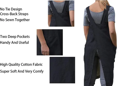 Vista 4 de Delantal Pinafore con espalda cruzada con bolsillos, delantal de lino y algodón, talla grande