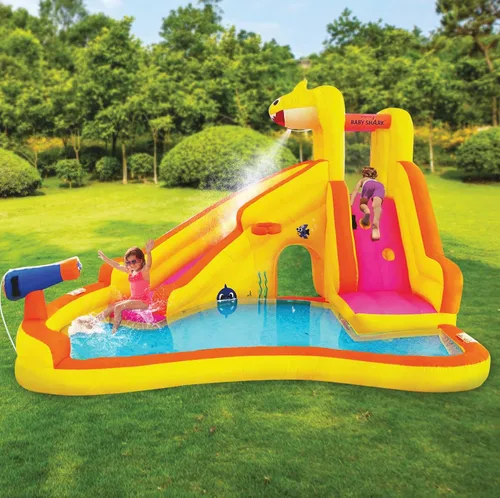 Vista 5 de Funormous Baby Shark - Casa de rebote con tobogán húmedo o seco, tobogán acuático inflable Pink Fong, diversión de tobogán acuático curvo