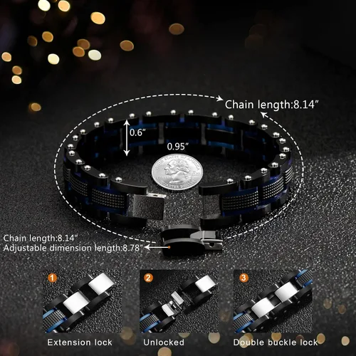 Vista 5 de Zillaly Pulsera de diamantes de eslabones cuadrados de acero inoxidable de dos tonos para hombre en negro y azul chapado en iones negro