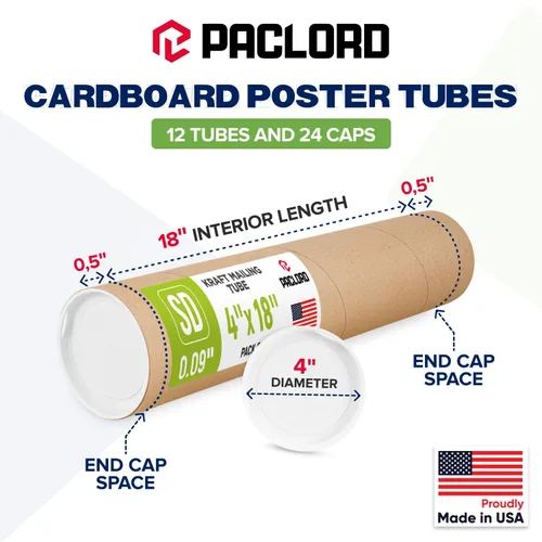 Vista 2 de Tubo de correo de papel kraft reforzado de 4 x 18 pulgadas, paquete de 12 tubos con 24 tapas, tubo seguro aprobado por USPS - Tubo de cartón