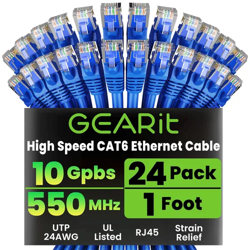 Vista 19 de GEARit Paquete de 24 cables Ethernet Cat6 de 0.5 pies Cable de conexión de red RJ45, conectores chapados en oro sin enganches de 10 Gbps, cable