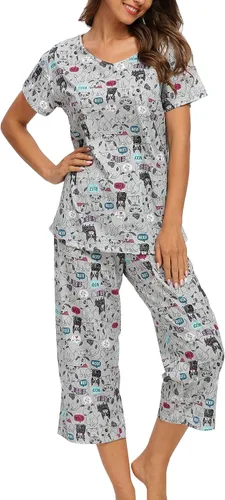Vista 28 de ENJOYNIGHT Conjuntos de pijama de algodón para mujer, pijamas de verano con pantalones capri, ropa de dormir Gato negro