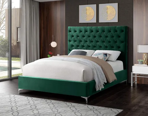Vista 17 de Meridian Furniture Colección moderna Cruz Cama tapizada de terciopelo contemporánea con acolchonamiento de botones profundos y juegos completos