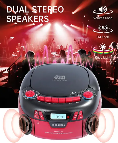 Vista 2 de Reproductor de CD Boombox con Bluetooth y reproductor de casete Radio AM/FM portátil, entrada MP3/USB/AUX, sistema de sonido estéreo