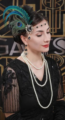 Vista 2 de Cizoe (aa) - Juego de accesorios de estilo Gatsby de la década de 1920, para mujer, diadema de estilo flapper, tocado, collar, guantes