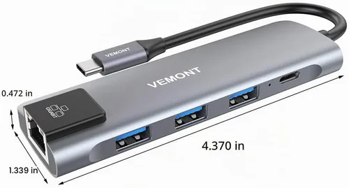 Vista 7 de VEMONT Adaptador multipuerto USB C 5 en 1, Gigabit Ethernet, 3 puertos USB 3.0, estación de acoplamiento de carga PD de 100 W compatible con MacBook