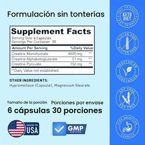 Vista 6 de Cápsulas de creatina, 5g Premium 3X ThreeAtine Pre Workout, Ganador de masa muscular a granel, Creatina monohidrato de alta absorción fácil