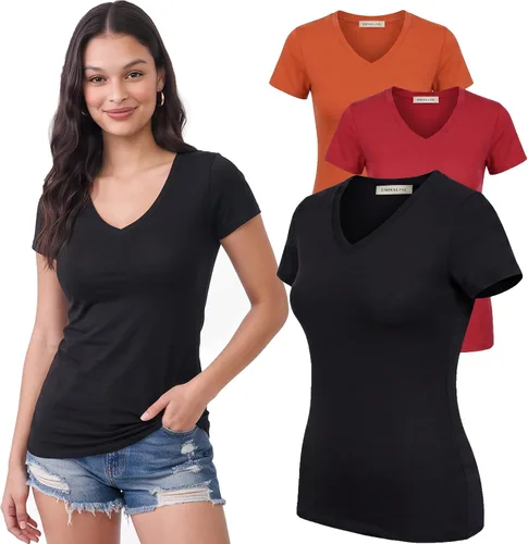 Vista 165 de Emmalise Camiseta de manga corta para mujer, cuello en V, tallas junior y plus