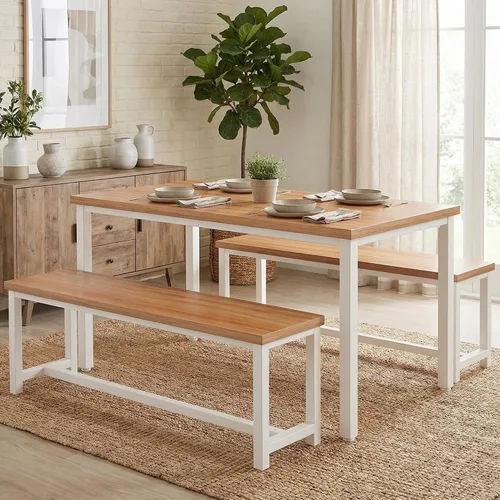 Vista 10 de Elegante juego de mesa de comedor de 3 piezas de 43.3 pulgadas para 4 personas con banco, diseño compacto que ahorra espacio, duradera y fácil