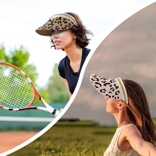 Vista 3 de Sombrero de paja con protección UV, visera de playa, sombrero de ala ancha, estampado de leopardo, enrollable, plegable para mujer