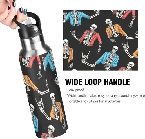 Vista 4 de BPA-Free Sport Water Bottle 32 Oz, Stainless Steel Water Bottle for Gym Outdoor Travel School, Human Skeletons Rock Roll Gesture