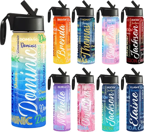 Vista 10 de Botella de agua personalizada con foto y pajita, 18 oz/32 oz, botella de agua deportiva de acero inoxidable personalizada con 1-9 imágenes, nombre