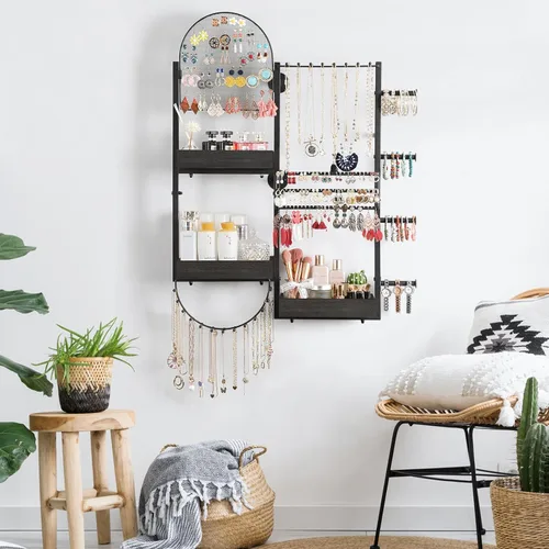 Vista 6 de Keebofly Organizador de joyas colgante de montaje en pared, soporte de exhibición grande para aretes, anillos, collares, pulseras, relojes y Negro