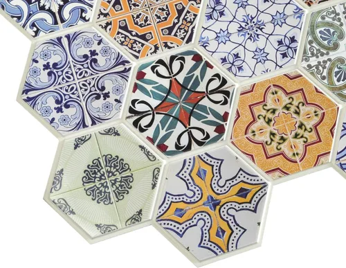 Vista 4 de Dundee Deco PG7031 Mosaico de retazos hexagonales de imitación multicolor, 3.2 pies x 1.6 pies, panel de pared 3D de PVC, decoración de paneles