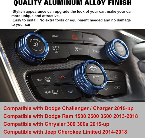 Vista 4 de Xotic Tech - 3 piezas de aluminio azul CA para interruptor de volumen de radio climática de control de botón de control compatible con Dodge Charger