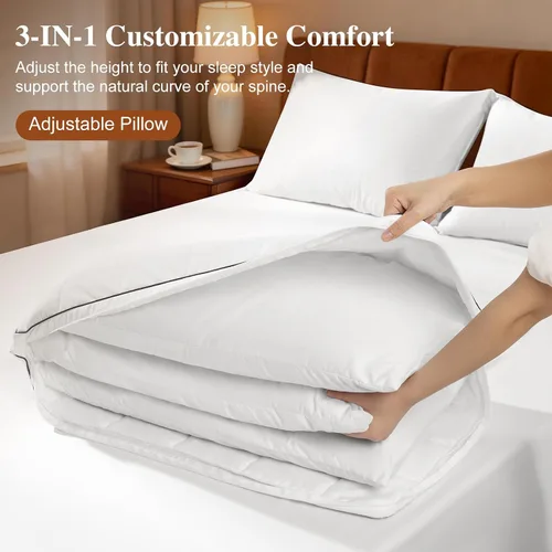 Vista 2 de LIANLAM Almohada de plumón de ganso ajustable de 3 capas, tamaño estándar, almohada modular de altura personalizada con tela de enfriamiento, 80%