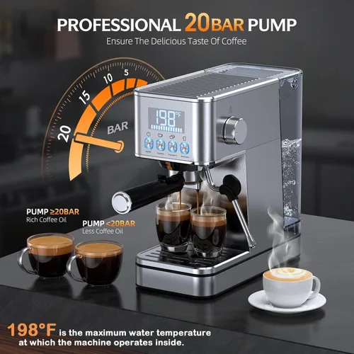 Vista 2 de LERTIN - Cafetera de expreso de 20 bares, compacta, de acero inoxidable, con varita espumadora de vapor, tanque de agua extraíble de 57.5 oz