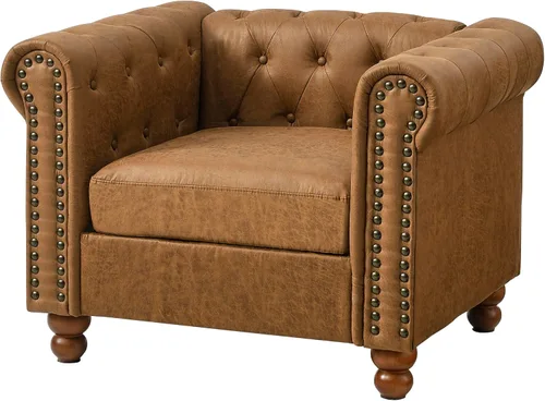 Vista 5 de Juego de 2 piezas Air Leather Chesterfield para sala de estar, sofá y silla Marrón