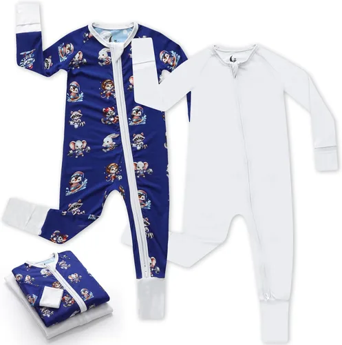 Vista 18 de Pijama de viscosa de bambú con cremallera de 2 vías para cambio de pañal, 0 a 24 meses, suave y elástico, paquete de 2 Oso azul