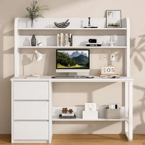Vista 14 de MaverickFurni Escritorio para computadora de 60 pulgadas con estantes y hutch, escritorio de oficina en casa con 3 cajones de almacenamiento