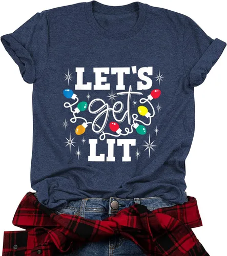 Vista 8 de Camisetas navideñas para mujer Let's Get Lit, camisa con lindo diseño gráfico de luces, manga corta, tops y camisetas de Navidad Gris-Carbón