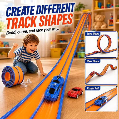 Vista 6 de 15FT Race Track, 2 High-Speed Pull Back Cars, Fits Hot Wheels Cars 15FT flexible double-lane track with 2 suction cups and 2 high-speed pull-back