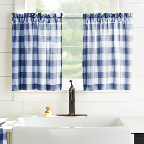 Vista 9 de Elrene Home Fashions Farmhouse Living Buffalo-Check Juego de cortinas de dos niveles para baño o cocina, 30" x 24" (Juego de 2 niveles), Gris/Blanco