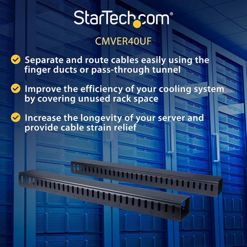 Vista 3 de StarTech - Paquete de 2 organizadores verticales de cables de 20U con conductos de dedo, panel vertical de gestión de cables, canaleta de cables