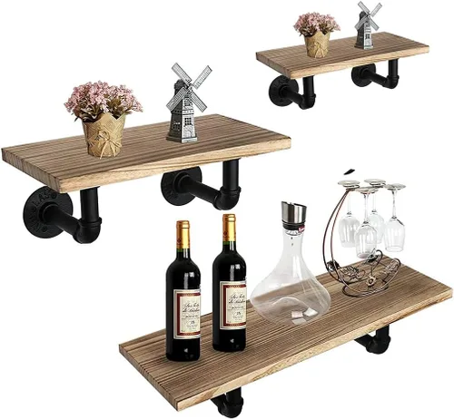 Vista 10 de Juego de 3 estantes flotantes para montar en la pared, estantes industriales para decoración de pared, color negro, estante de pared de madera