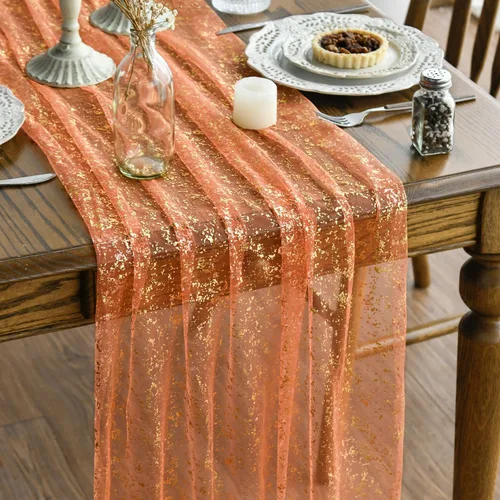 Vista 15 de Artoid Mode Camino de mesa de gasa color beige dorado de 120 pulgadas, 10 pies, lámina metálica con purpurina transparente para comedor, boda
