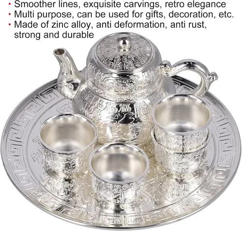 Vista 7 de Juego de tetera y taza para uno, juegos de té de aleación de zinc para adultos con tetera y bandeja, juego de tetera vintage plateada, regalo