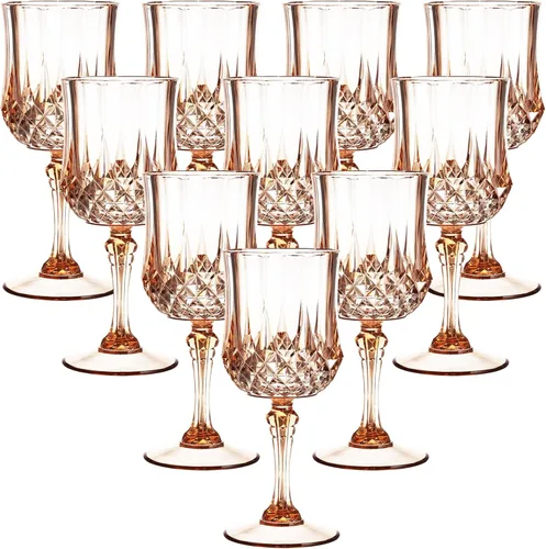 Vista 19 de Copas de vino de plástico de 7 onzas, 10 vasos de vino reutilizables ámbar, copas de champán vintage, copas de agua de cristal de plástico