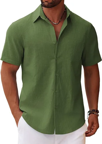 Vista 7 de COOFANDY Camisa de manga corta con botones para hombre, casual, de algodón, para verano, playa, lino, para boda, con bolsillo