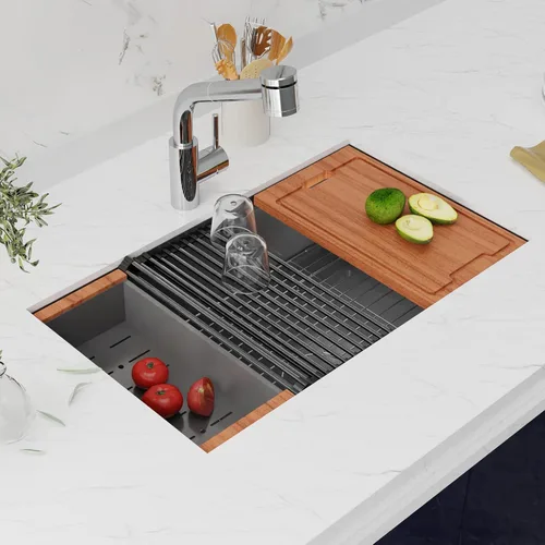 Vista 2 de Fregadero de cocina con estación de trabajo de montaje inferior de 27 pulgadas, fregadero de cocina de acero inoxidable calibre 16 con revestimiento